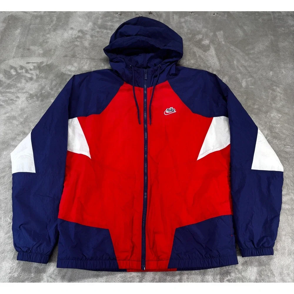 Y2K Nike Windbreaker Jacket Mens S Blue Red White Colorblock Hooded‎ Spell Retro
